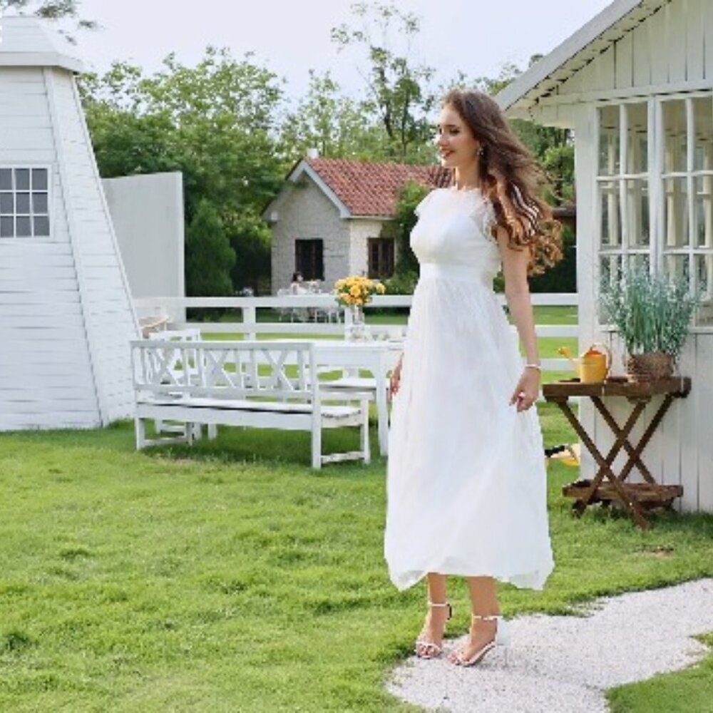 Flowy Tulle Midi Dress with Ruffle Sleeves Lace Trim Formal Party - Picture 7 of 8